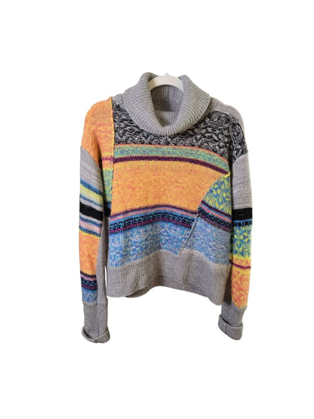Free People This & That Stripe Mix Print Wool Blend Turtleneck Sweater Size Medi